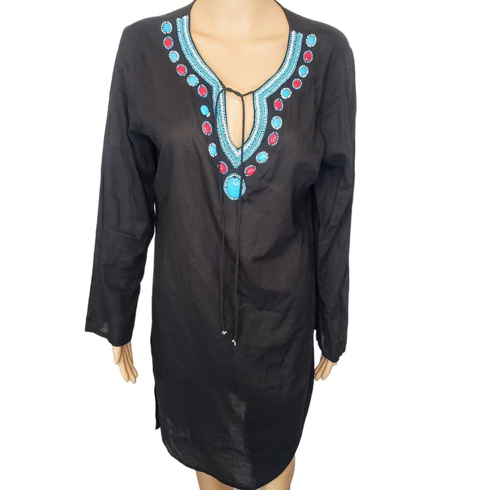 Elan Swim Coverup Midi Dress Beaded Lightweight Tie Front Slits Sides Sm